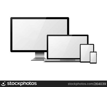 Realistic computer. Devices laptop tablet phone smartphone monitor, computer desktop screen, responsive vector web layout. Realistic computer. Devices laptop tablet phone smartphone monitor, computer desktop screen, responsive web layout