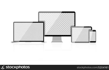 Realistic Computer Laptop, Mobile Phone, Tablet PC with Abstract Transperent Wallpaper on Screen Isolated on White Background. Vector Illustration EPS10. Realistic Computer Laptop, Mobile Phone, Tablet PC with Abstract Transperent Wallpaper on Screen Isolated on White Background. Vector Illustration