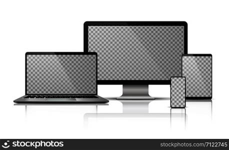 Realistic computer laptop smartphone with transparent screen. Tablet gadget template, pc laptop mobile devices mockup. Vector isolated device screen for graphics presentations wallpaper design. Realistic computer laptop smartphone with transparent screen. Tablet gadget template, pc laptop mobile devices mockup. Vector isolated device screen