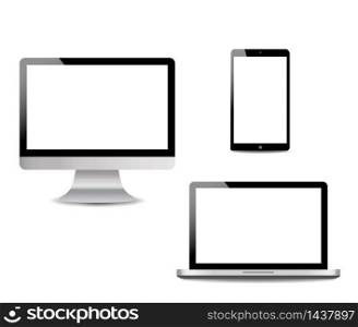 Realistic Computer, Laptop, touch tablet in mockup style. Modern devices on isolated background. Vector illustration. Realistic Computer, Laptop, touch tablet in mockup style. Modern devices on isolated background. Vector eps10