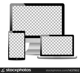 Realistic Computer, Laptop, touch tablet in mockup style. Modern devices on isolated background. Vector illustration. Realistic Computer, Laptop, touch tablet in mockup style. Modern devices on isolated background. Vector eps10