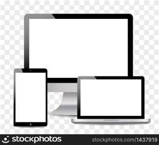 Realistic Computer, Laptop, touch tablet in mockup style. Modern devices on isolated background. Vector illustration. Realistic Computer, Laptop, touch tablet in mockup style. Modern devices on isolated background. Vector eps10
