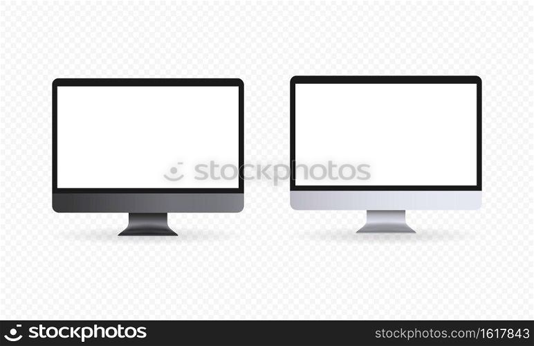 Realistic computer monitor illustration. Light and dark theme. White blank display. Vector EPS 10. Isolated on transparent background.. Realistic computer monitor illustration. Light and dark theme. White blank display. Vector EPS 10. Isolated on transparent background