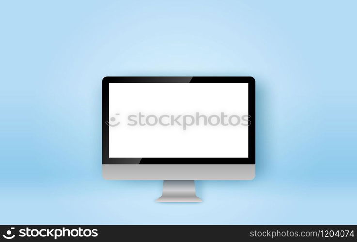 Realistic computer monitor isolated.PC mock up on blue background.Monitor screen office object business.Desktop device personal technology.Creative Paper cut and craft style Vector illustration.EPS10