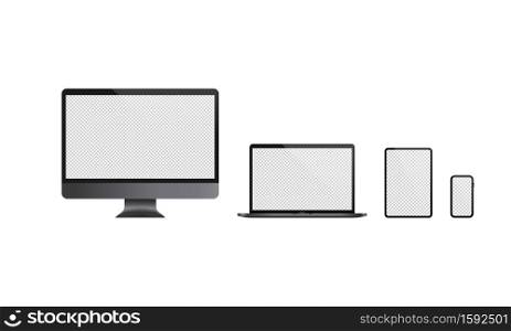 Realistic computer monitor, laptop, tablet and mobile phone icon set. Dark theme. Blank display. Notebook. Vector on isolated white background. EPS 10.. Realistic computer monitor, laptop, tablet and mobile phone icon set. Dark theme. Blank display. Notebook. Vector on isolated white background. EPS 10