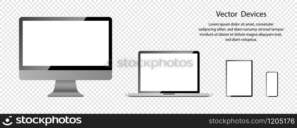 Realistic Computer monitor, Laptop, Tablet and Phone with white screens. Screen mockup. Electronic Devices and Gadgets, isolated on transparent background. Vector illustration.