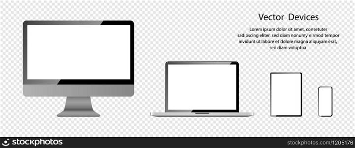 Realistic Computer monitor, Laptop, Tablet and Phone with white screens. Screen mockup. Electronic Devices and Gadgets, isolated on transparent background. Vector illustration.
