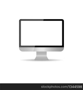 Realistic computer monitor with a blank screen, isolated on white background. Empty PC monitor screen. Modern silver display. Mockup for internet, app, video. Lcd screen. PC monitor equipment. Vector.. Realistic computer monitor with a blank screen, isolated on white background. Empty PC monitor screen. Modern silver display. Mockup for internet, app, video. Lcd screen. PC monitor equipment. Vector