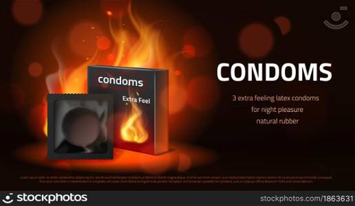 Realistic condom poster. Latex contraceptive intimate product, passion fire packaging on black background, burning sexual safety, safe love method, horizontal banner with copy space, vector 3d concept. Realistic condom poster. Latex contraceptive intimate product, passion fire packaging on black background, burning sexual safety, safe love method, horizontal banner, vector 3d concept