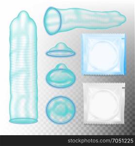 Realistic Condoms Vector. Aids Protection. Unpacked And Packed Condoms. Contraceptive And Sexual Protection Concept. Isolated On Transparent Background Illustration. Realistic Condom Vector. Contraceptive method Concept. Unpacked And Packed Condoms. Male Contraceptive For Safety Sex. Isolated On Transparent Background Illustration