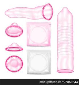 Realistic Condoms Vector. Sexual Protection Concept. Male Contraceptive For Safety Sex. Isolated On White Background Illustration. Latex Condoms Vector. Aids Protection. Contraceptive method Concept. Isolated Illustration