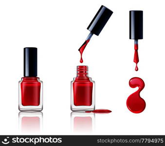 Realistic container brush and drops of nail polish set isolated on white background vector illustration. Nail Polish Set