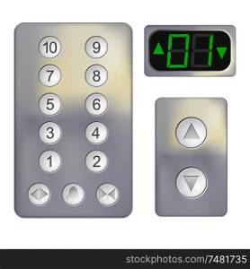 Realistic Control panel of the elevator on a white background. Metal elevator panel with buttons and numbers of floors. Vector illustration of the elevator panel. Isolated object
