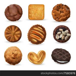 Realistic cookies set with peanuts vanilla and chocolate isolated vector illustration