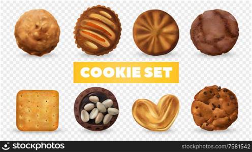 Realistic cookies transparent set with caramel and chocolate isolated vector illustration