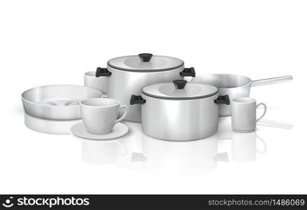 Realistic cookware. 3D kitchen utensils and crockery, steel kitchenware and white dishes. Vector illustration isolated set of clean cooking tools, pans and pots on glossy surface with reflection. Realistic cookware. 3D kitchen utensils and crockery, steel kitchenware and white dishes. Vector isolated set of cooking tools, pans and pots