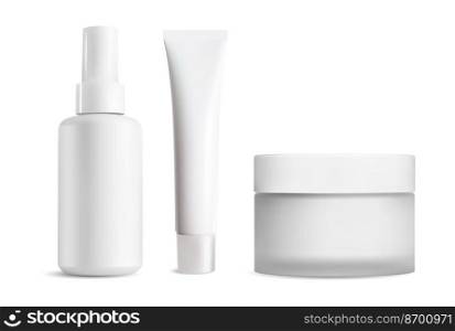 Realistic cosmetic bottle. Beauty product container set, white plastic vector blank. Isolated spray bottle, cream tube and jar mockup collection. Clear spa hygiene object for label branding. Realistic cosmetic bottle. Beauty product container set