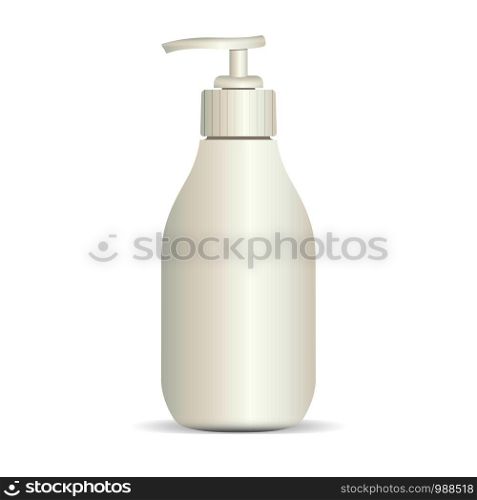 Realistic cosmetic bottle on a white background. Package with pump dispenser for cream, liquid soup, foam, shampoo. Vector illustration.. Cosmetic Package with pump dispenser for cream.
