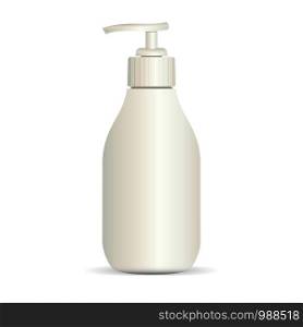 Realistic cosmetic bottle on a white background. Package with pump dispenser for cream, liquid soup, foam, shampoo. Vector illustration.. Cosmetic Package with pump dispenser for cream.