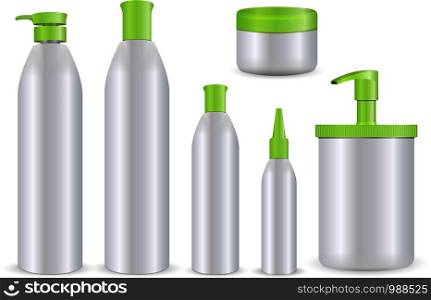 Realistic cosmetic bottle set on white background. Cosmetic containers and tubes for cream, lotion, shampoo, gel, balsam, conditioner. 3d Vector Illustration.. Realistic cosmetic bottle set on white background.