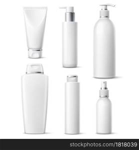 Realistic cosmetic bottles. Blank white plastic containers mockup with silver elements, beauty products package with dispensers for skin care vector set. Realistic cosmetic bottles. Blank white plastic containers mockup with silver elements, beauty products package with dispensers. Vector set