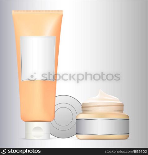 Realistic cosmetic bottles set. Cream jar with open lid, serum tube. Labels ready for your design. Mock up set for brand template. Vector illustration.. Realistic cosmetic bottles set. Cream jar open lid