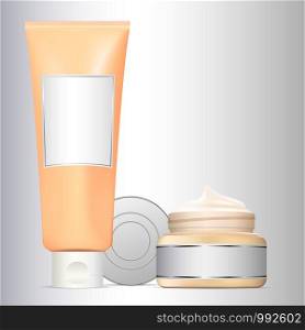 Realistic cosmetic bottles set. Cream jar with open lid, serum tube. Labels ready for your design. Mock up set for brand template. Vector illustration.. Realistic cosmetic bottles set. Cream jar open lid
