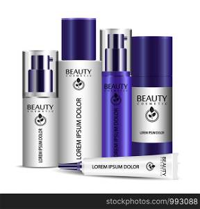Realistic cosmetic bottles set for skin and body care products. Cosmetic package collection for cream, soups, foams, shampoo, glue. Mock up set for brand template. Vector illustration.. Realistic cosmetic bottles set for skin, body care