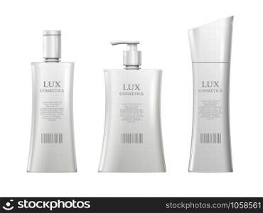 Realistic cosmetic bottles. White 3d shampoo bottle, spa mask package and bath shower milk gel soap or makeup plastic pump cap. Beauty products packaging template isolated vector icons set. Realistic cosmetic bottles. White 3d shampoo bottle, spa mask package and bath shower milk gel soap isolated vector set