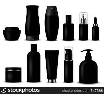 Realistic cosmetic mockups. Black cosmetics bottle, container and jar. Women beauty products. Spray, soap and cream 3d vector dispenser beautiful luxury plastic package. Realistic cosmetic mockups. Black cosmetics bottle, container and jar. Women beauty products. Spray, soap and cream 3d vector package