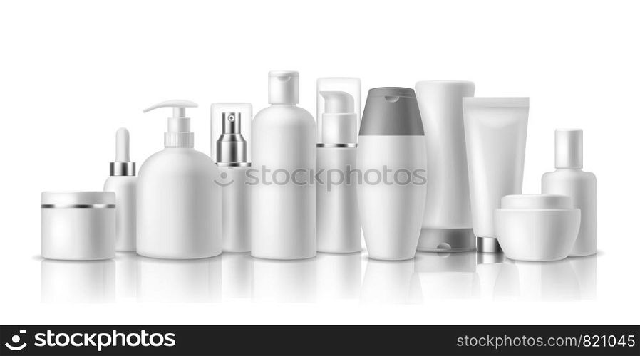 Realistic cosmetic mockups. Skin care cosmetics bottles, container and jar. Spa beauty product. Spray, lotion and cream vector isolated luxury package. Realistic cosmetic mockups. Skin care cosmetics bottles, container and jar. Spa beauty product. Spray, lotion and cream vector package