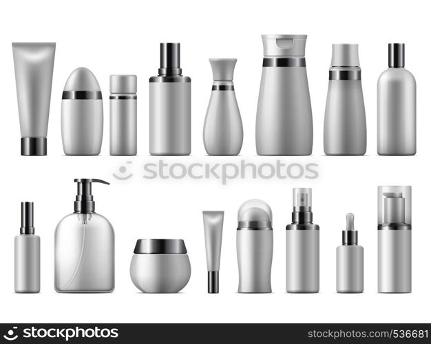 Realistic cosmetic package. Beauty cosmetic product empty white 3D pack spa cosmetics blank mockup. Vector design plastic care bottle template. Realistic cosmetic package. Beauty cosmetic product empty white 3D pack spa cosmetics blank mockup. Vector design template