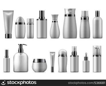 Realistic cosmetic package. Beauty cosmetic product empty white 3D pack spa cosmetics blank mockup. Vector design plastic care bottle template. Realistic cosmetic package. Beauty cosmetic product empty white 3D pack spa cosmetics blank mockup. Vector design template