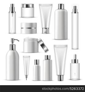 Realistic Cosmetic Package Icon Set. 3d white realistic cosmetic package icon set empty tubes on white background vector illustration