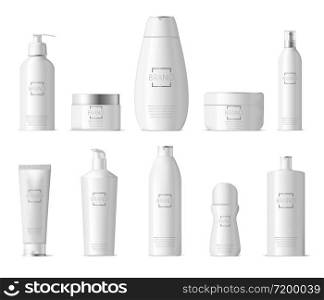 Realistic cosmetic package. Plastic cosmetic 3d bottles beauty care, body lotion, facial cream and liquid soap bottle vector illustration set. Container lotion cream, cosmetic package collection. Realistic cosmetic package. Plastic cosmetic 3d bottles beauty care, body lotion, facial cream and liquid soap bottle vector illustration set