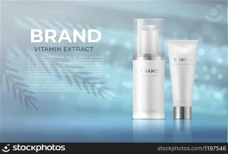 Realistic cosmetic products design with shadows. 3d Beauty product plastic package with silver lid. Vector illustration white cosmetics bottles for skin care on blue background. Realistic cosmetic products design with shadows. 3d Beauty product package. Vector illustration