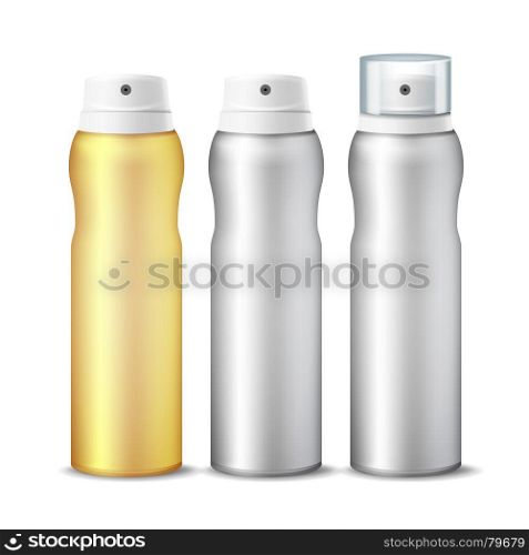 Realistic Cosmetic Spray Can Vector. Aluminium Can Template Blank. Different Deodorant Types. 3D packaging. Isolated Illustration. Spray Can Vector. Clean 3D Bottle Can Spray. Branding Design. Deodorant With Lid And Without. Isolated Illustration