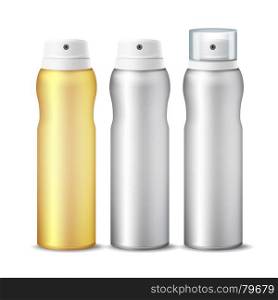 Realistic Cosmetic Spray Can Vector. Aluminium Can Template Blank. Different Deodorant Types. 3D packaging. Isolated Illustration. Spray Can Vector. Clean 3D Bottle Can Spray. Branding Design. Deodorant With Lid And Without. Isolated Illustration