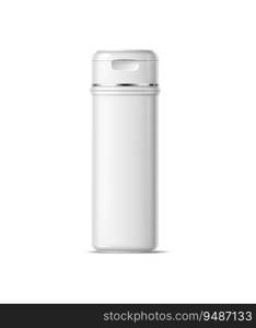 Realistic cosmetics product bottle, plastic container isolated 3d vector mockup. White glossy cosmetic flask with a secure cap, convenient storage for makeup, skincare, liquid beauty production. Realistic cosmetic product bottle, white container