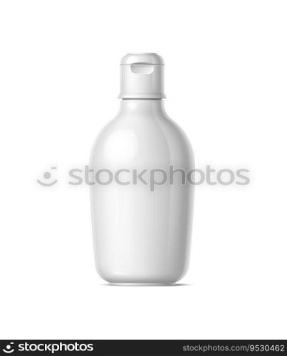 Realistic cosmetics product bottle, plastic container isolated 3d vector mockup. White sleek cosmetic flask with secure cap, designed to dispense the perfect amount of product. Blank packaging object. Realistic cosmetics product bottle, container