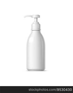 Realistic cosmetics product bottle with pump dispenser offers convenient and mess-free application. Liquid soap, sanitizer, hand cream isolated 3d vector white package mockup, plastic flask object. Realistic cosmetics bottle with pump dispenser