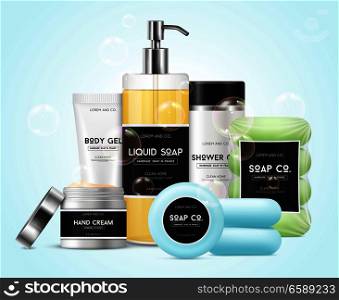 Realistic cosmetics set with soap cream and shower gel vector illustration . Realistic Cosmetics Set