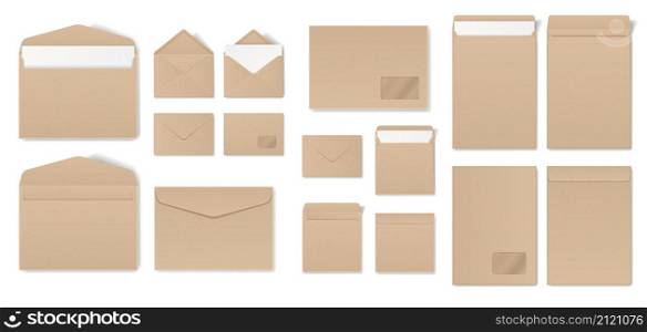 Realistic craft envelope with letters, open and closed envelopes mockups. Paper mail holder in different sizes, letter packaging vector set. Objects for correspondence and business documents. Realistic craft envelope with letters, open and closed envelopes mockups. Paper mail holder in different sizes, letter packaging vector set