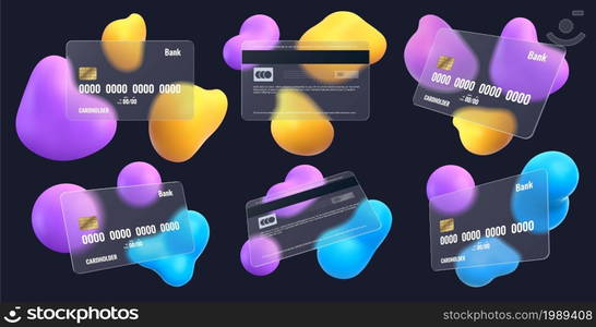 Realistic credit card mockup in glassmorphism style with blur. Transparent plastic shopping debit cards. Glass bank payment card vector set. Matte card design templates for commercial use. Realistic credit card mockup in glassmorphism style with blur. Transparent plastic shopping debit cards. Glass bank payment card vector set