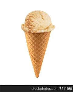 Realistic creme brulee ice cream scoop waffle cone. Vanilla gelato, 3d vector caramel sundae ice cream ball. Summer frozen dessert, ice cream in poke or sugar cone. Creme brulee, caramel or vanilla ice cream in cone