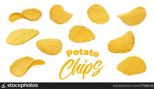 Realistic crispy ripple isolated potato chips of snack food. Vector fried crunchy crisps, wavy salty slices of potato vegetables, junk or fast food party snacks, 3d ribbed chips set. Realistic crispy ripple isolated potato chips