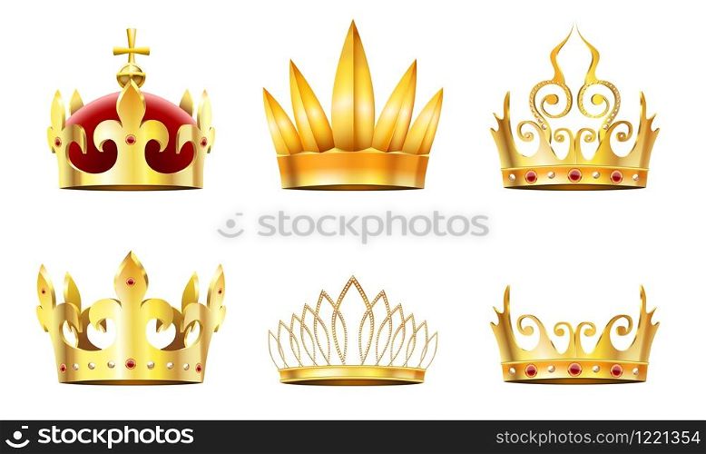 Realistic crown and tiara. Golden royal crowns, queens gold diadem and monarchs crown vector set. Collection of elegant emperor or empress headgear or coronets decorated by jewels or gemstones.. Realistic crown and tiara. Golden royal crowns, queens gold diadem and monarchs crown vector set
