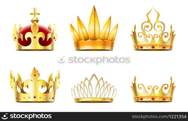 Realistic crown and tiara. Golden royal crowns, queens gold diadem and