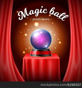 Realistic crystal ball poster. 3d magic glass object with luminous particles, red velvet curtain, illusionist show, fortune teller performance, mystery predictions, card or banner utter vector concept. Realistic crystal ball poster. 3d magic glass object with luminous particles, red velvet curtain, illusionist show, fortune teller performance, mystery predictions, utter vector concept