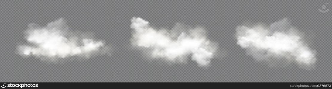 Realistic cumulus clouds set isolated on transparent background. Vector illustration of white transparent smoke texture, abstract fog, mist, evaporation, gas emission in air. Sky design elements. Realistic clouds set on transparent background